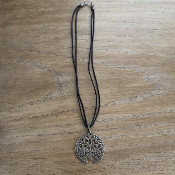Vintage Pewter Carved Disc Pendant Necklace With Black Cord & Hook Clasp - Picture 1 of 12